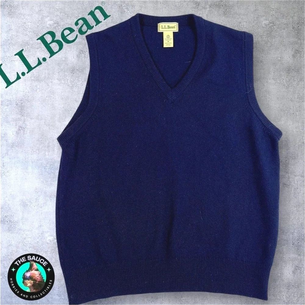 LL Bean Lambswool V Neck Vest Mens Medium Navy Made in Scotland Preppy Vintage